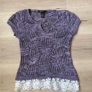 Purple Knit Lace-Hem Short Sleeve Top